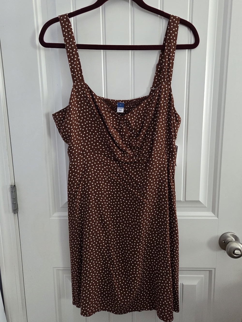 NEW Old Navy Womens L Brown White Polka Dot Sun Dress Mini Empire Waist Smocked